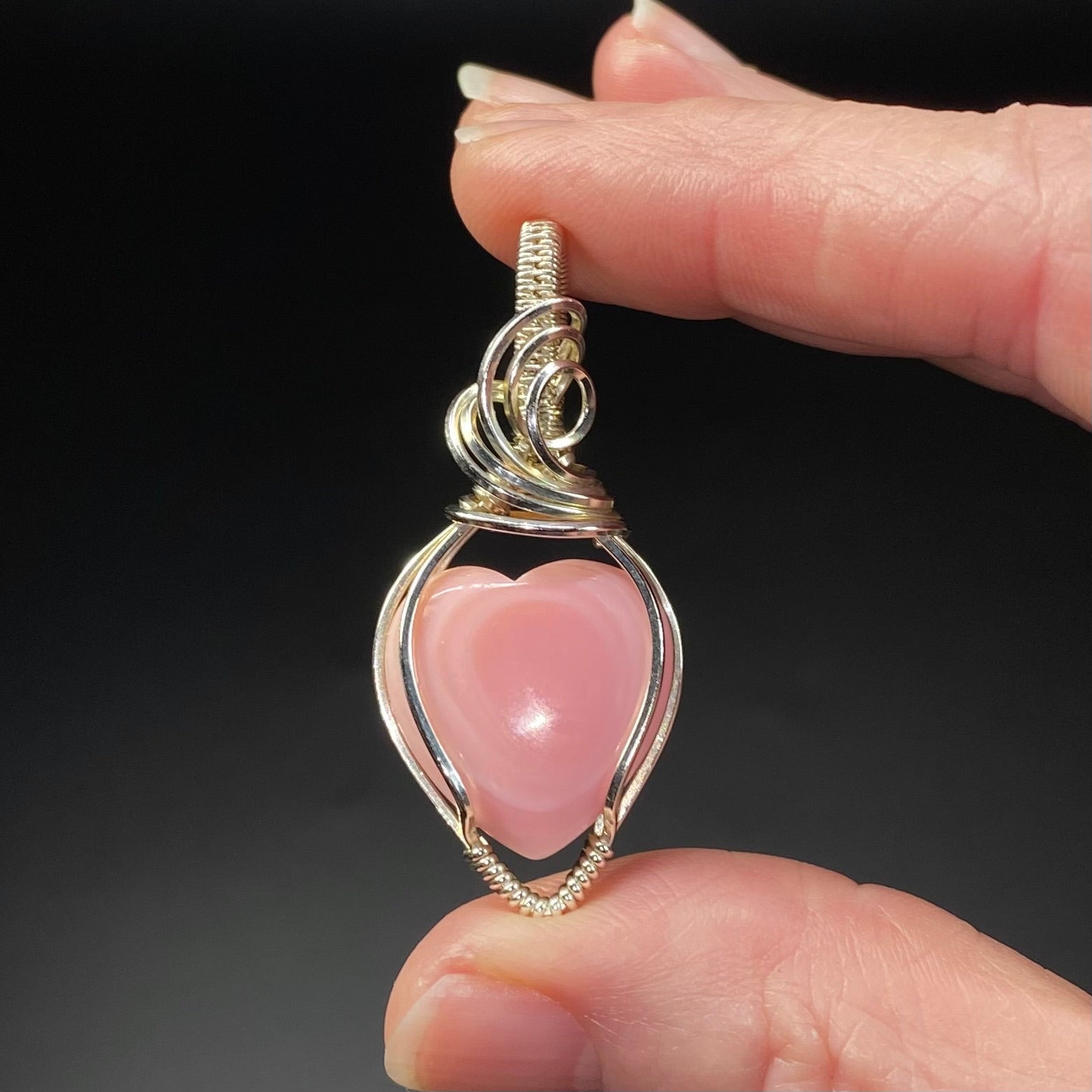 Pink Conch Heart and Sterling Silver Wire Wrapped Pendant