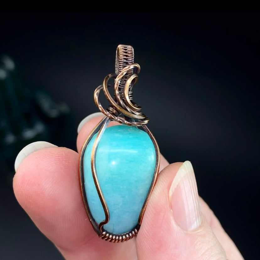 Amazonite Tumbled Stone and Copper Handmade Wire Wrapped Pendant
