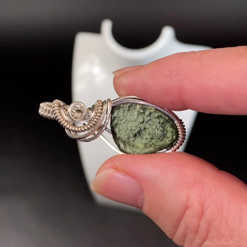 Moldavite Wire Wrapped Pendant in Sterling Silver Wire