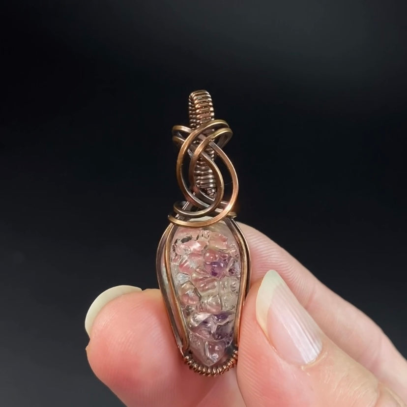 Hyalite Opal with Purple Fluorite Inclusions & Copper Wire Wrapped Pendant