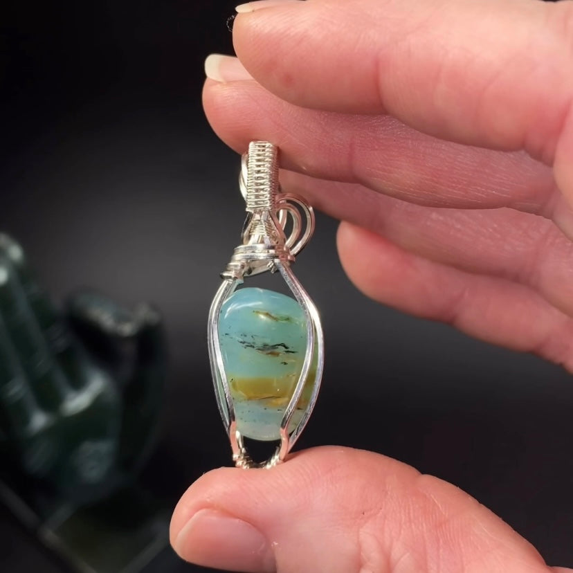 Peruvian Blue Andean Opal & Sterling Silver Wire Wrapped Pendant