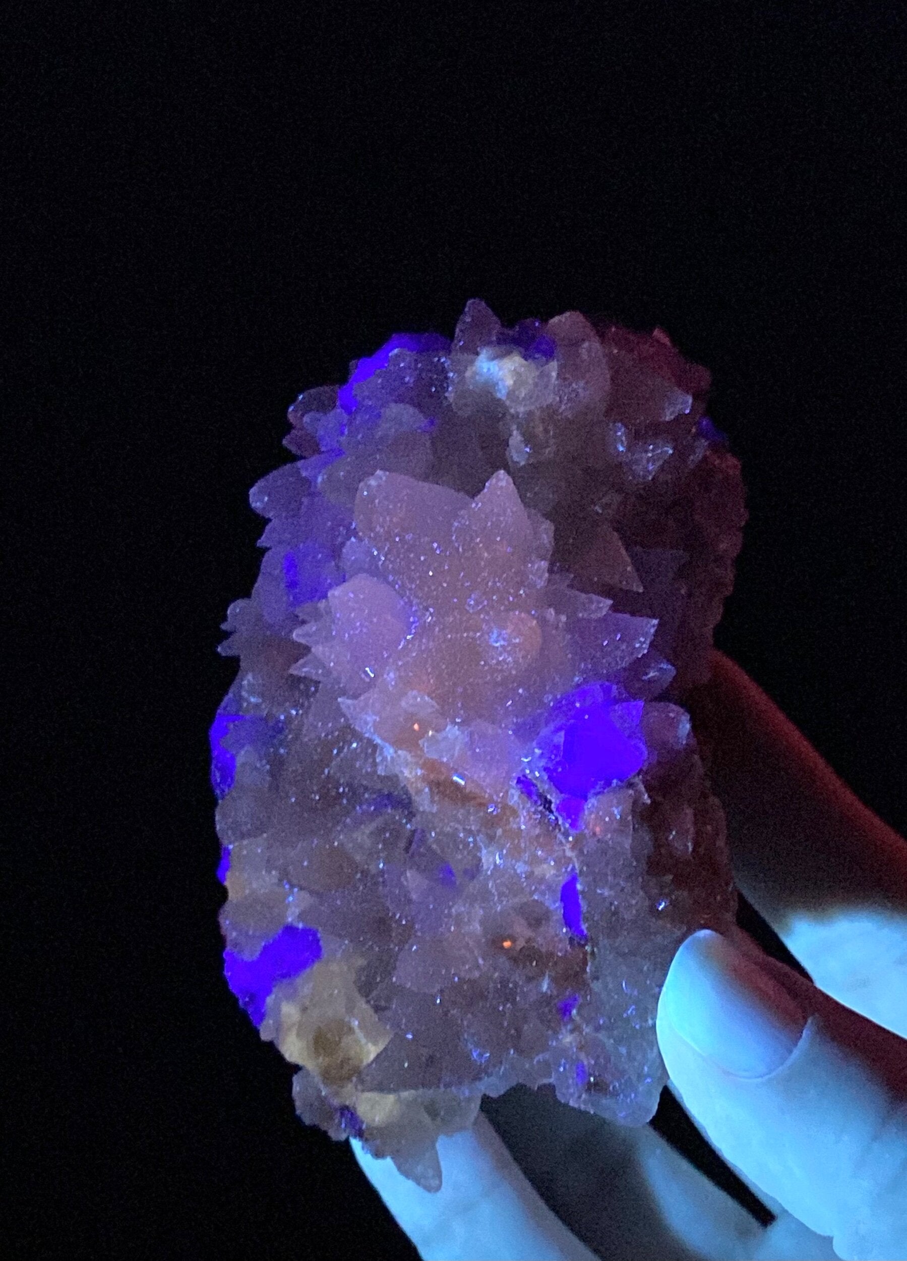 Dog Tooth Calcite Cluster on Blue / Purple Fluorite Matrix - UV Reactive - Fluorescent 365 nm Long Wave