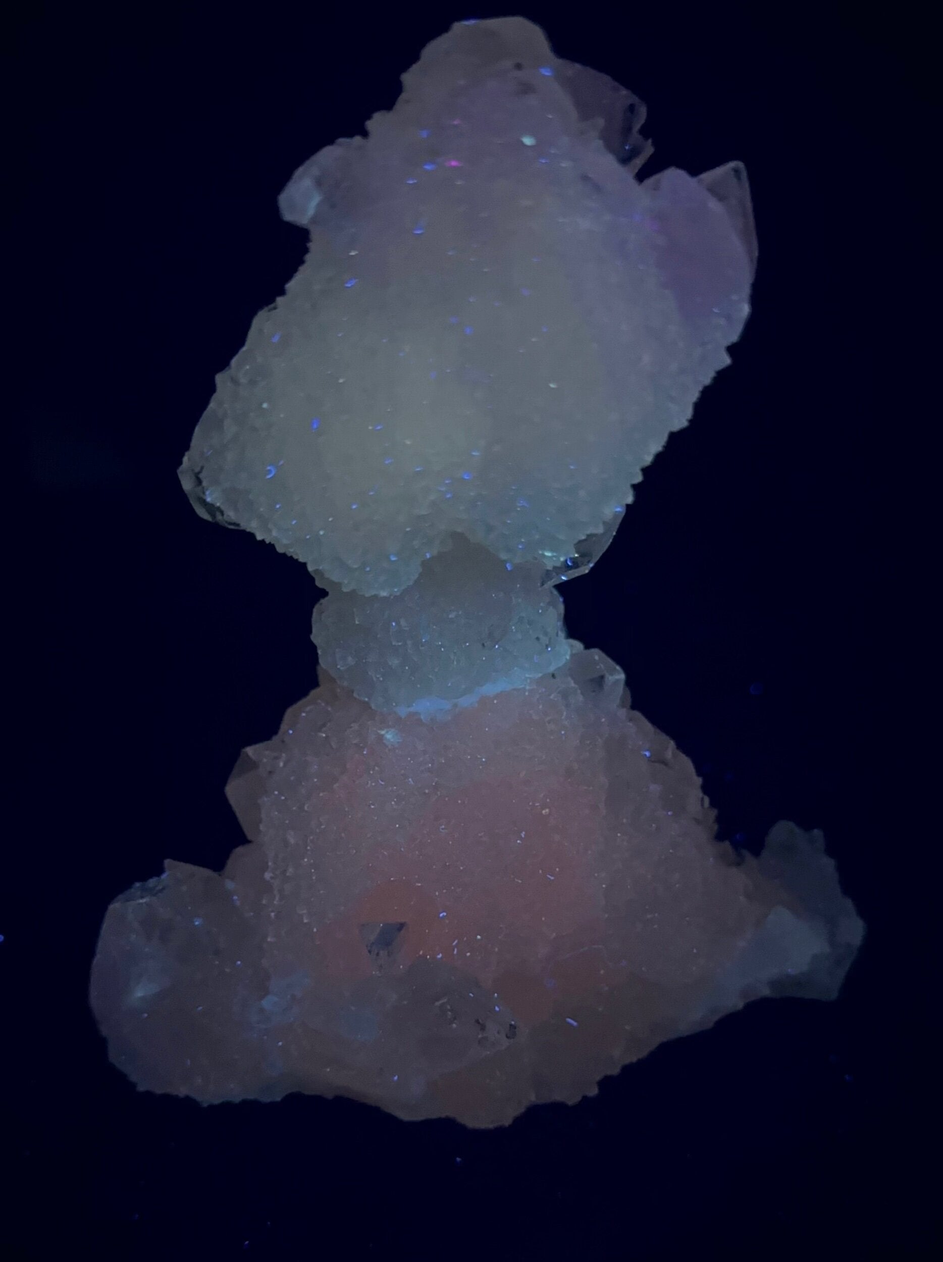 Clear Apophyllite Stalactite Formation Cluster with Fluorescent Calcite Core