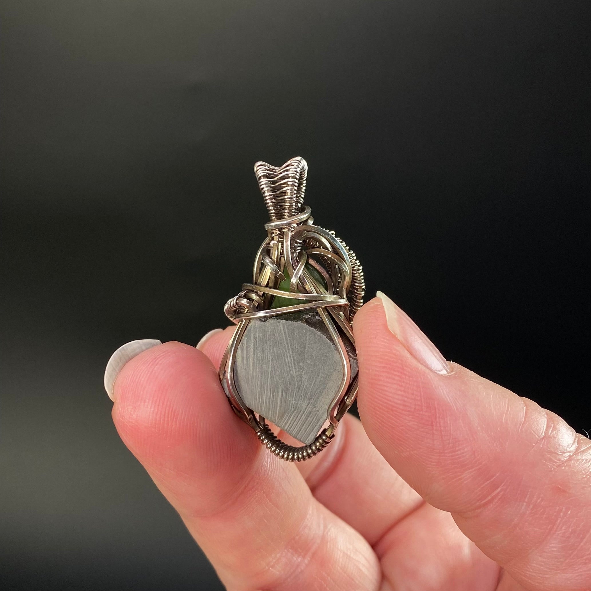 Canadian Ammolite with Nephrite Jade Accent Wire Wrapped Pendant in Sterling Silver Wire