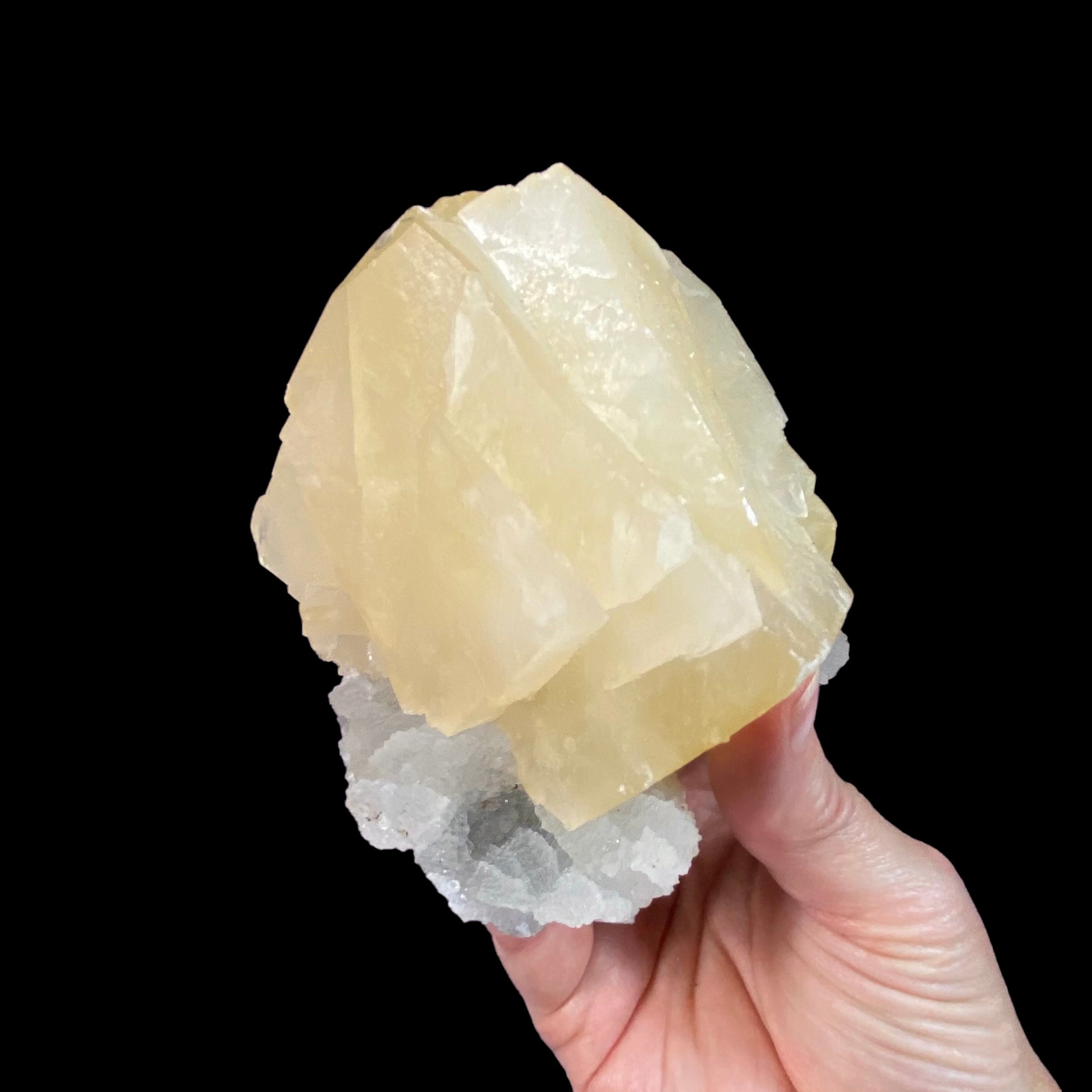 Yellow Rhombic Calcite Cluster with Chalcedony on Basalt Matrix Remnant