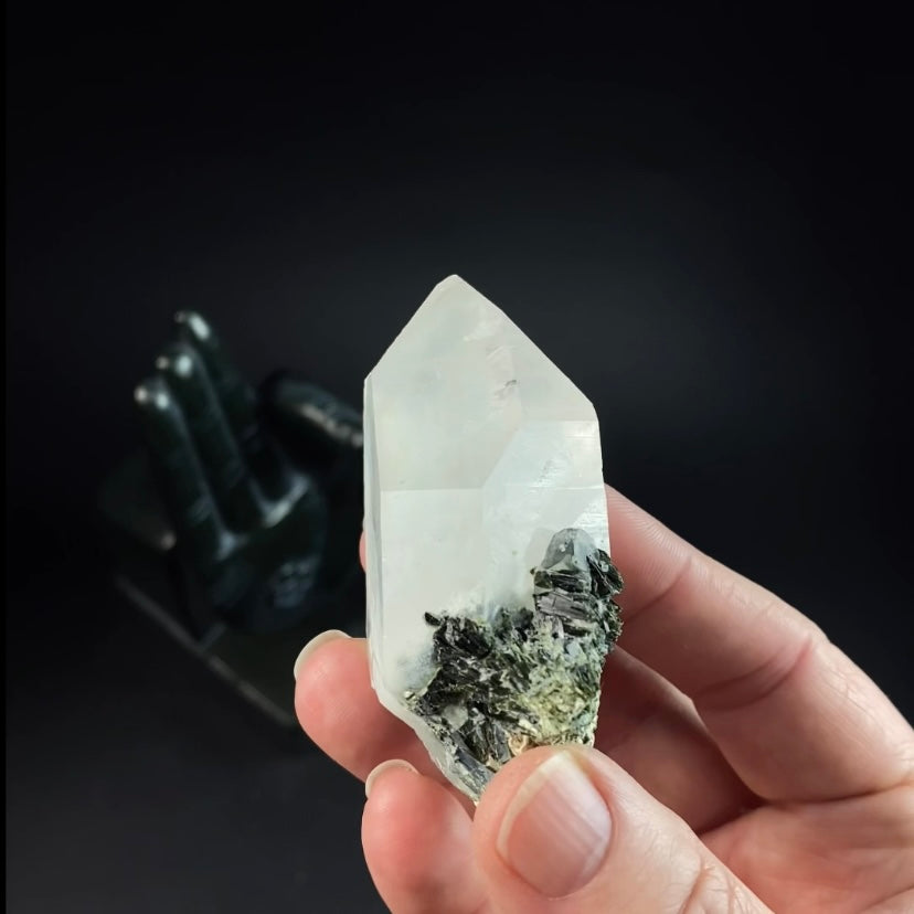 Double Terminated Byssolite Included Quartz Crystal with Dark Green Epidote
