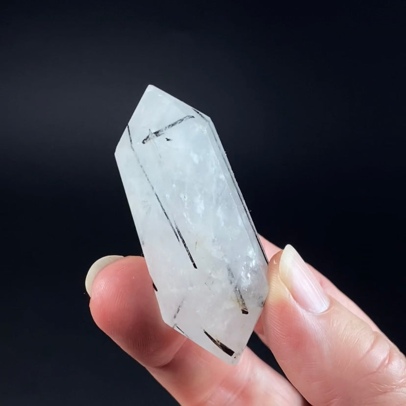 Clear Polished Double Terminated Quartz Crystal with Black Tourmaline Inclusions
