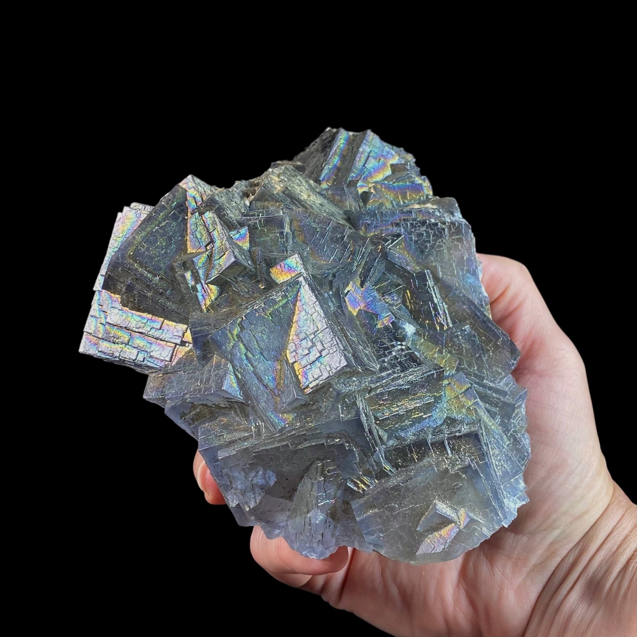 Blue and Purple Cubic Fluorite Cluster with Rainbow Iridescent Iron Oxide Surface