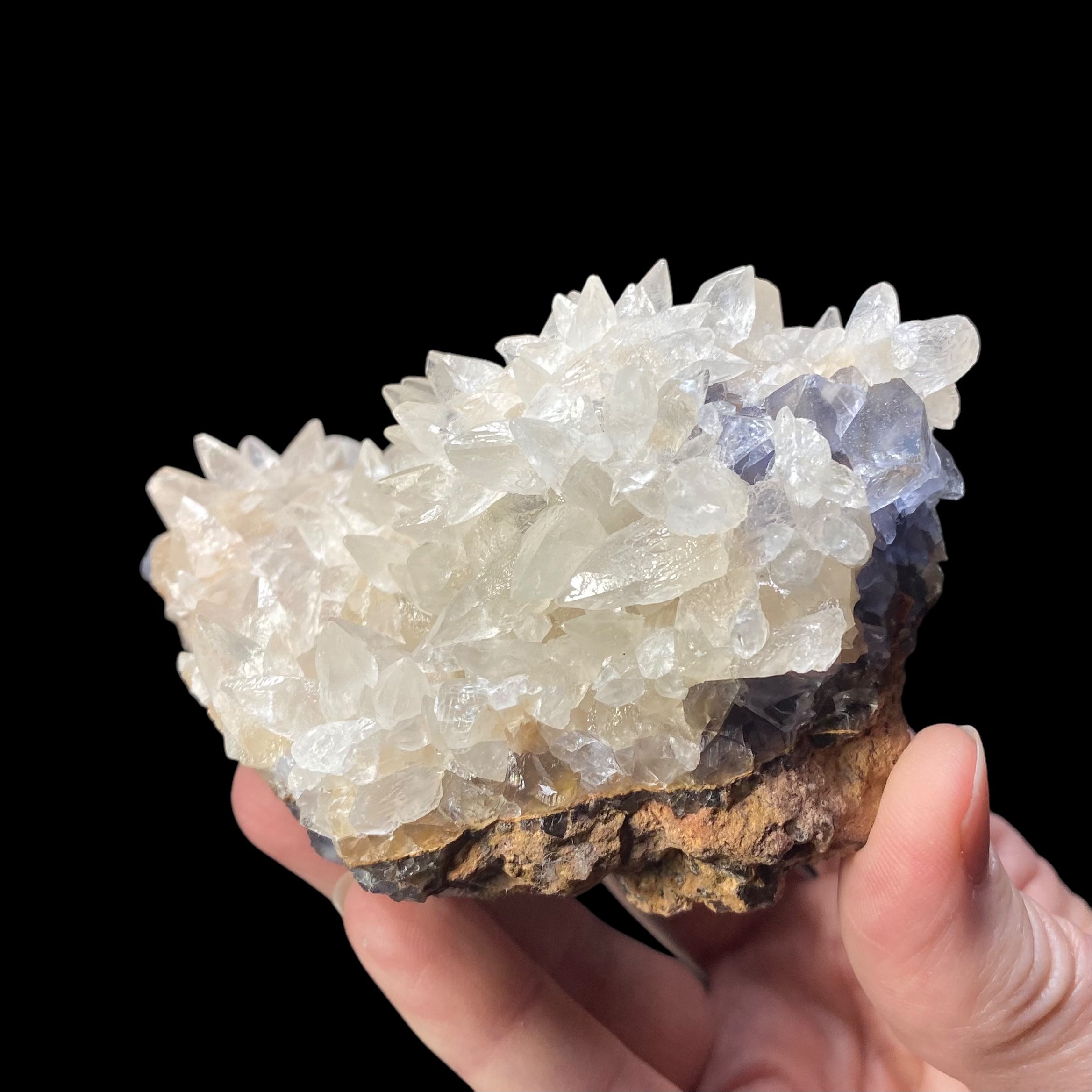 Dog Tooth Calcite on Blue Purple Fluorite Matrix, UV Reactive, Fluorescent