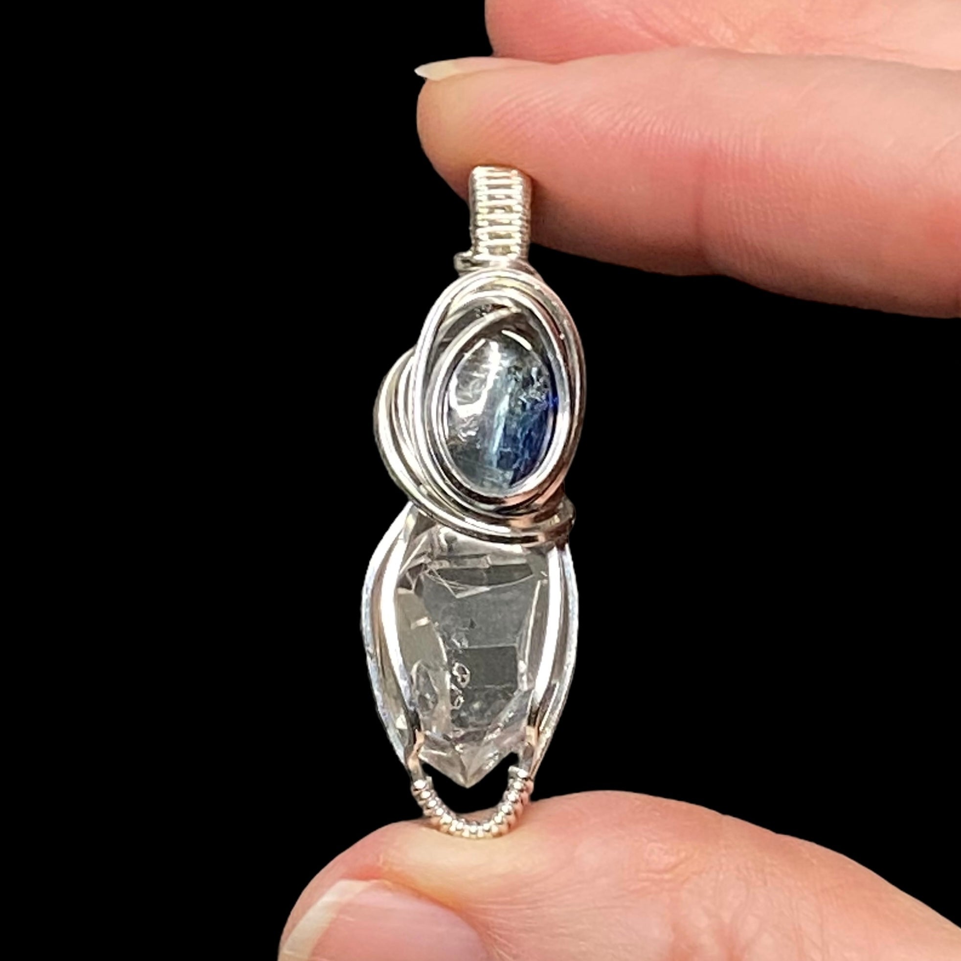 Herkimer Diamond Quartz, Blue Kyanite & Sterling Silver Handmade Wire Wrapped Pendant