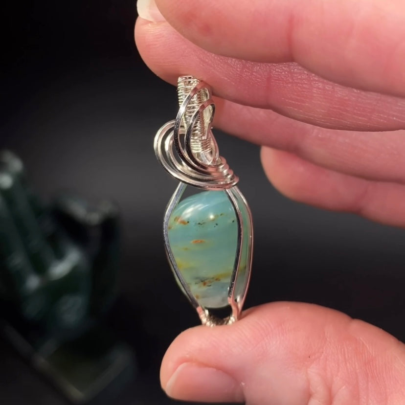 Peruvian Blue Andean Opal & Sterling Silver Wire Wrapped Pendant