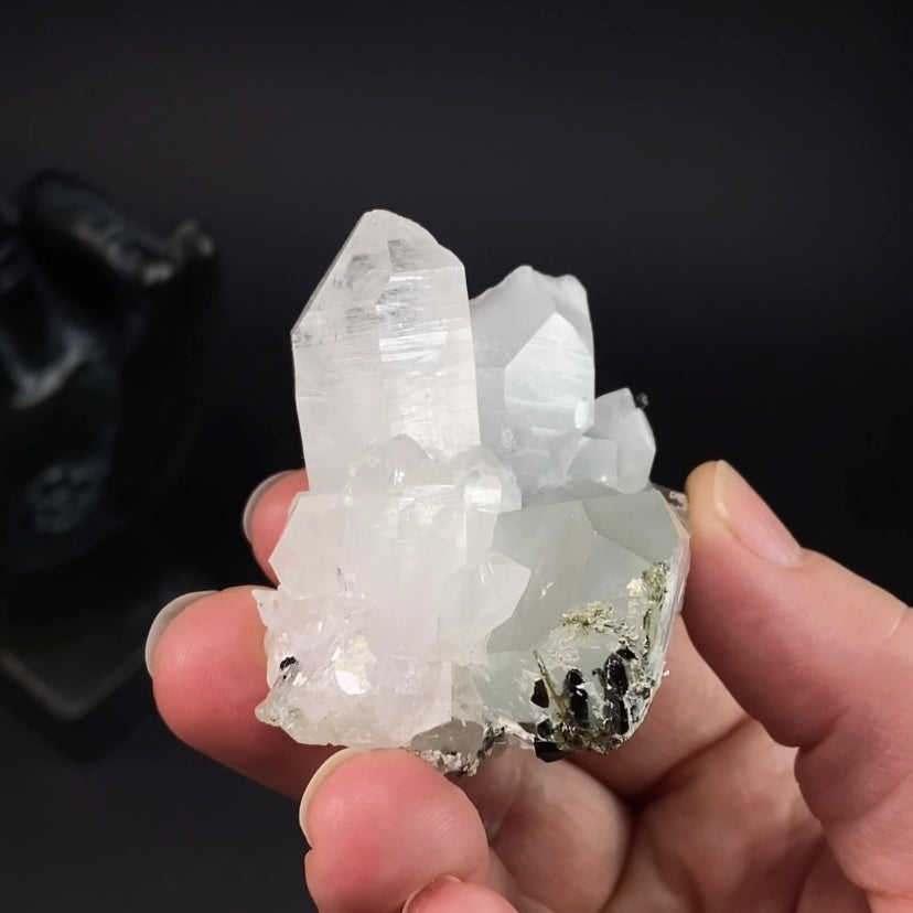 Quartz Crystal Cluster with Byssolite Inclusions & Dark Green Epidote