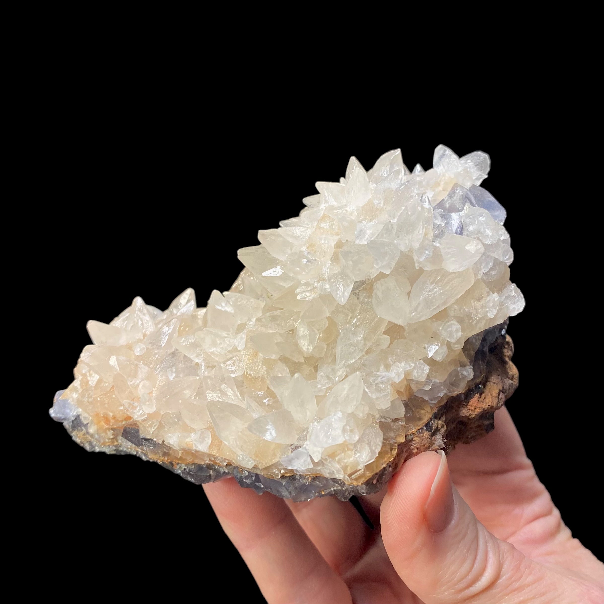 Dog Tooth Calcite on Blue Purple Fluorite Matrix, UV Reactive, Fluorescent