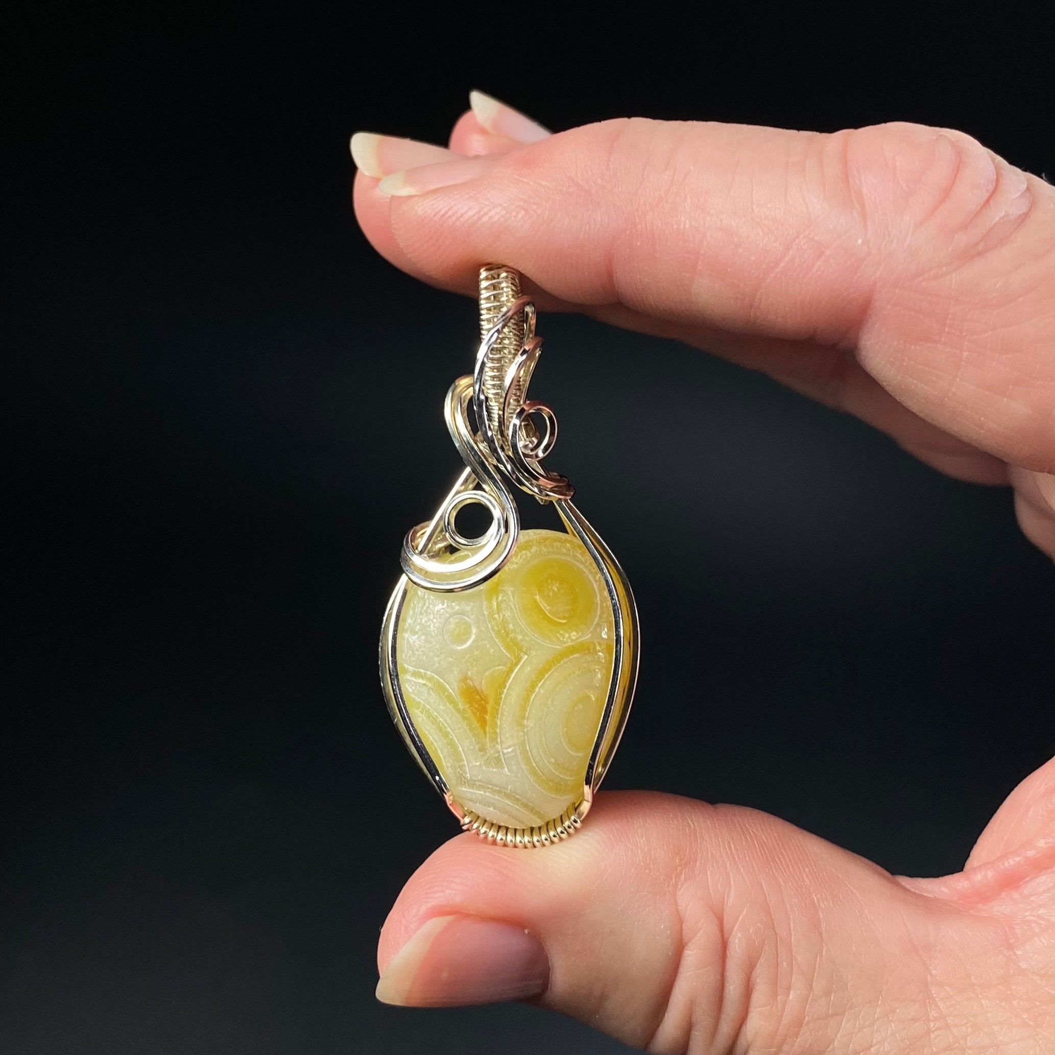 Yellow Gobi Desert Agate and Sterling Silver Wire Wrapped Pendant