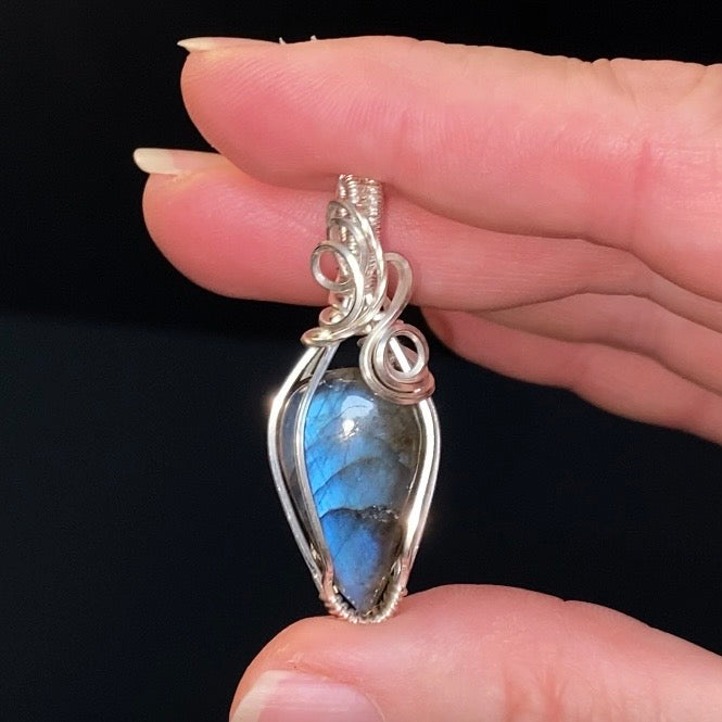 Blue Flash Labradorite and Sterling Silver Wire Wrapped Pendant, Natural Stone Crystal Jewelry