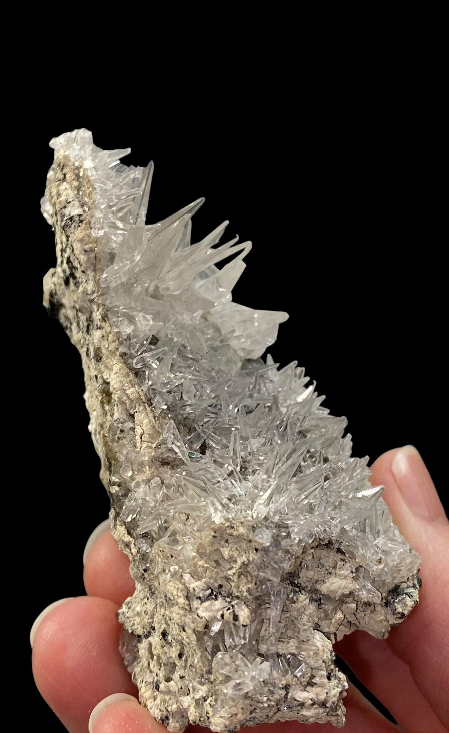 Fluorescent & Phosphorescent Tapered Clear Needle Calcite Crystals on Matrix, Shigar Valley, Pakistan