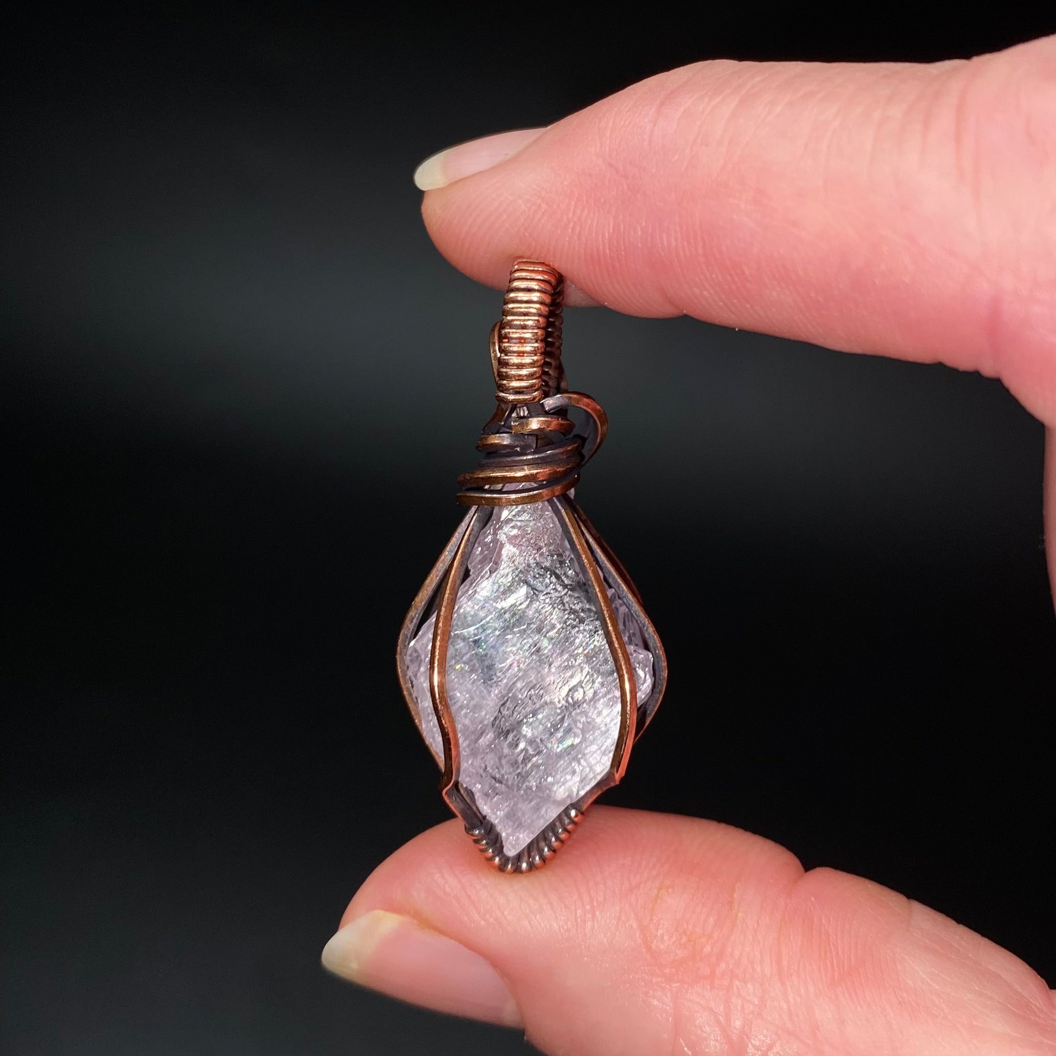 Fluorescent Spodumene Kunzite & Copper Wire Wrapped Pendant