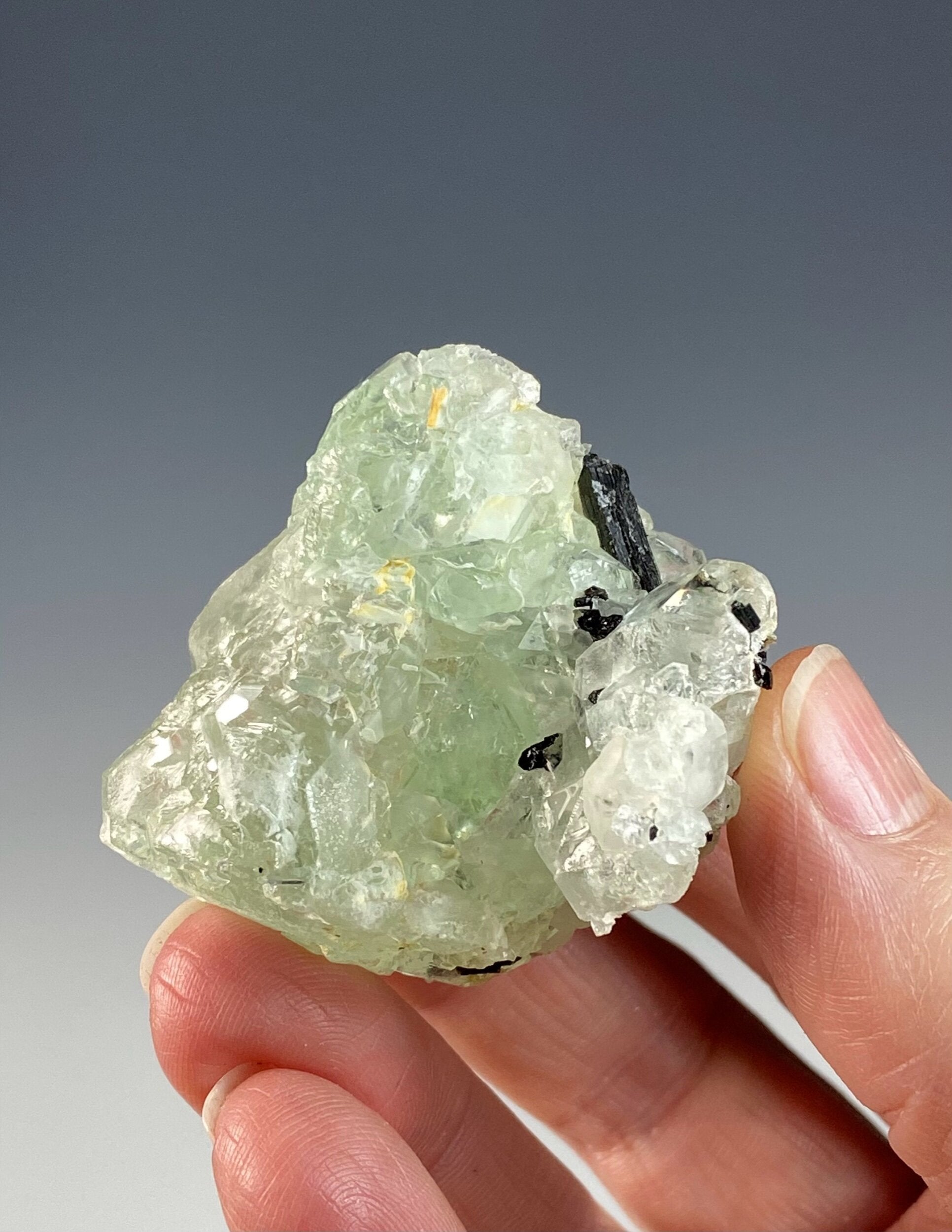 Green Fluorite Crystal with Black Tourmaline, Fluorescent 365 nm LW