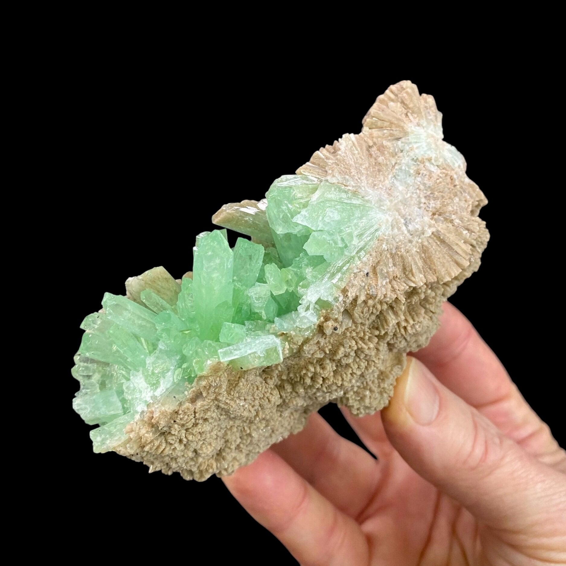 Green & Brown Radiating Aragonite Cluster - Green Areas Phosphorescent