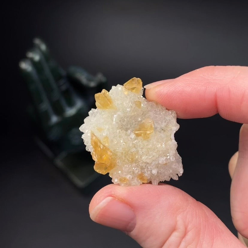 Phosphorescent Golden Feather Calcite Crystals on Druzy Quartz