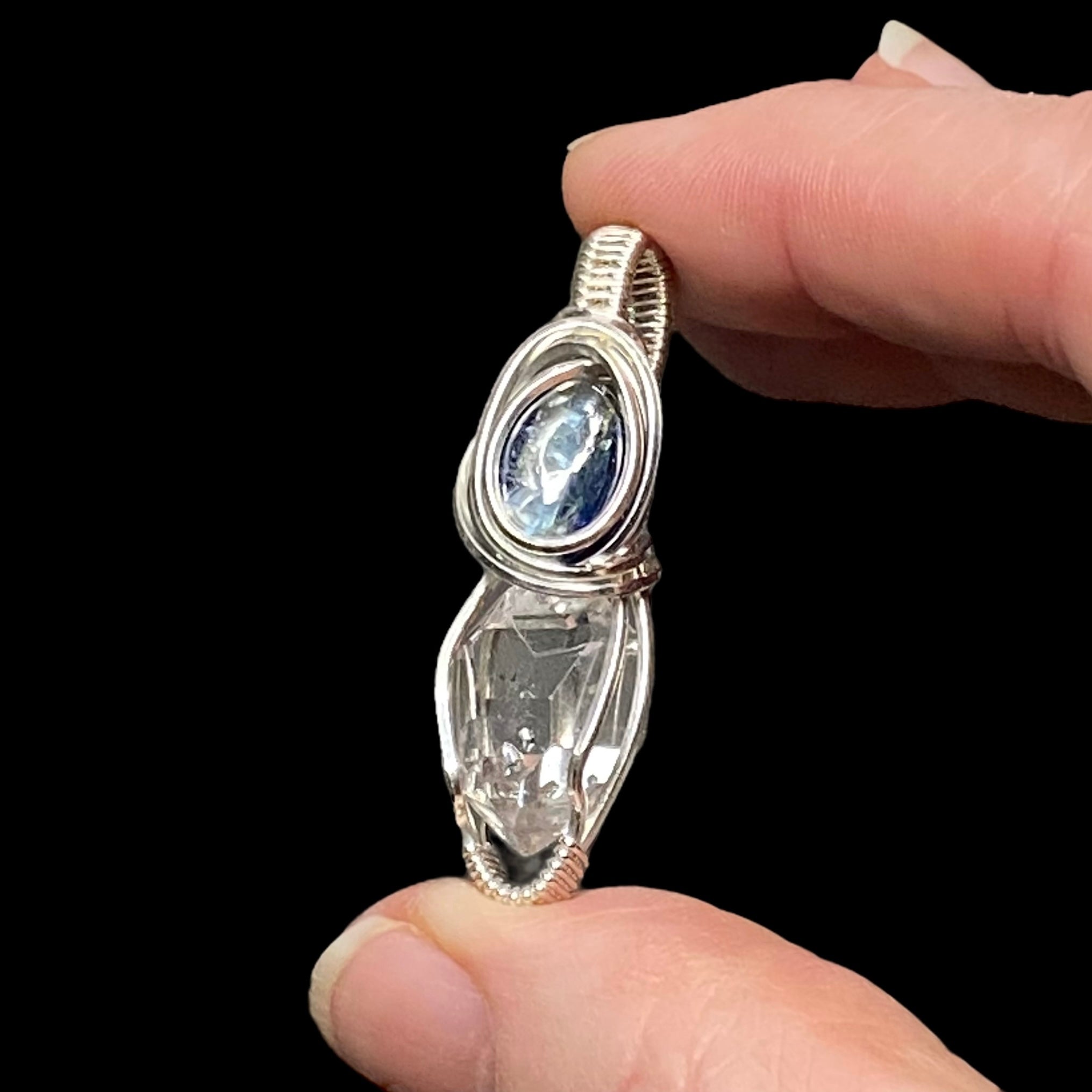 Herkimer Diamond Quartz, Blue Kyanite & Sterling Silver Handmade Wire Wrapped Pendant