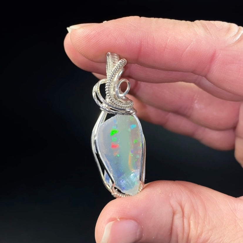 Ethiopian Welo Opal & Sterling Silver Wire Wrapped Pendant
