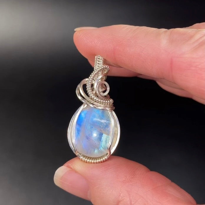 Blue Flash Moonstone & Tarnish Resistant Argentium Silver Handmade Wire Wrapped Pendant