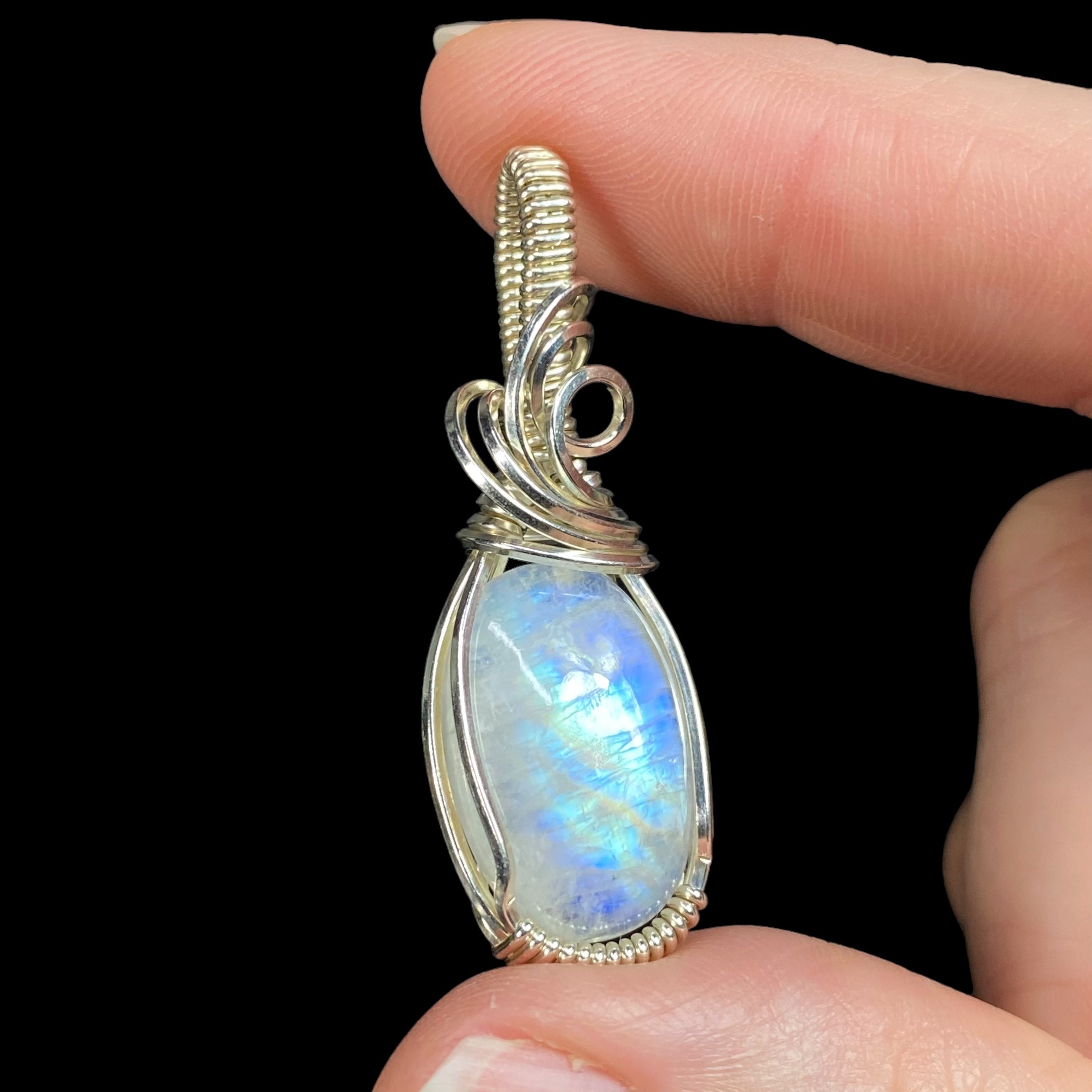 Rainbow Flash Moonstone & Sterling Silver Wire Wrapped Pendant