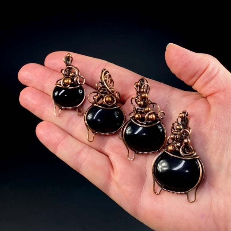 Bubbling Cauldron Black Onyx and Copper Wire Wrapped Pendant, Halloween Jewelry