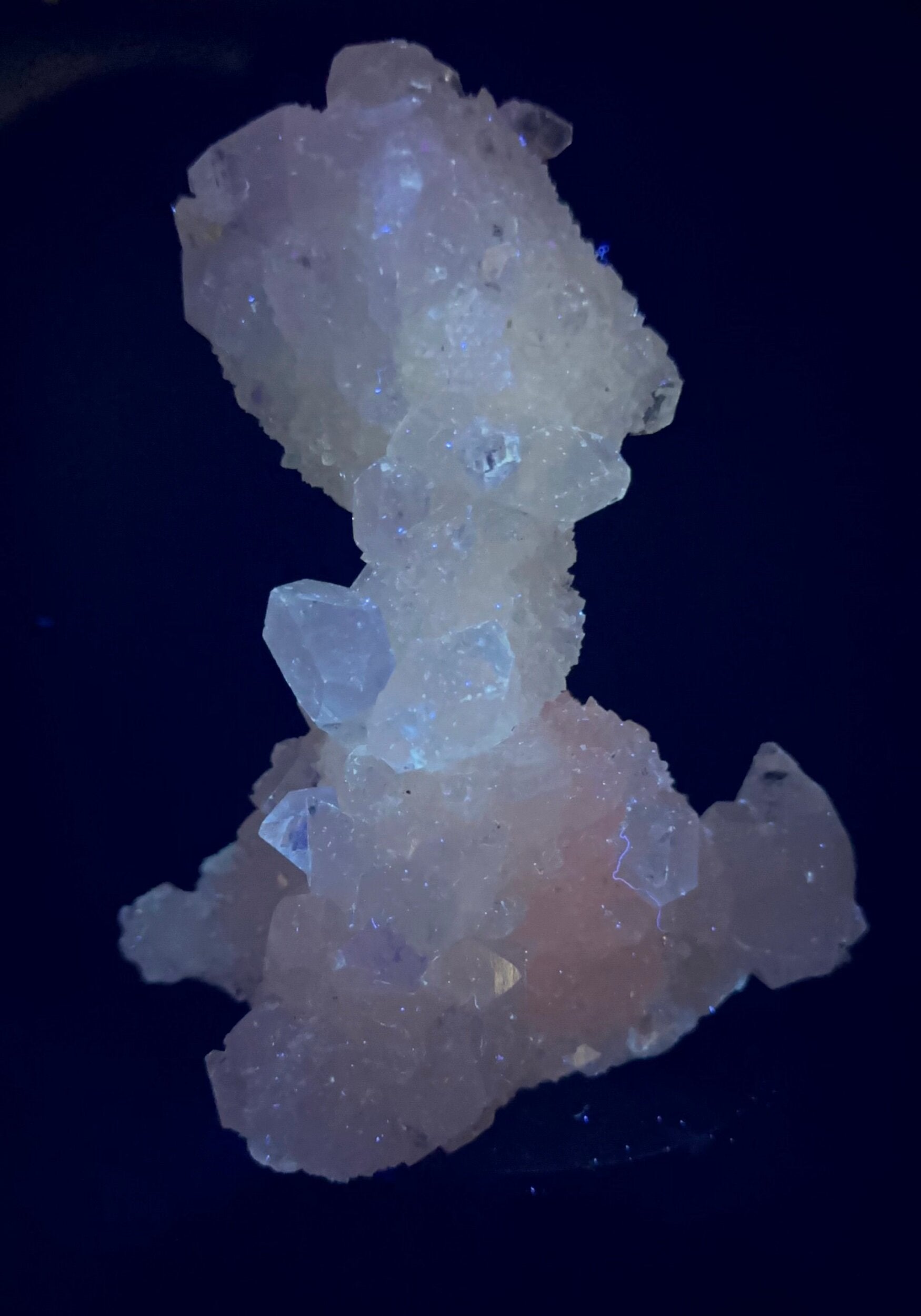 Clear Apophyllite Stalactite Formation Cluster with Fluorescent Calcite Core