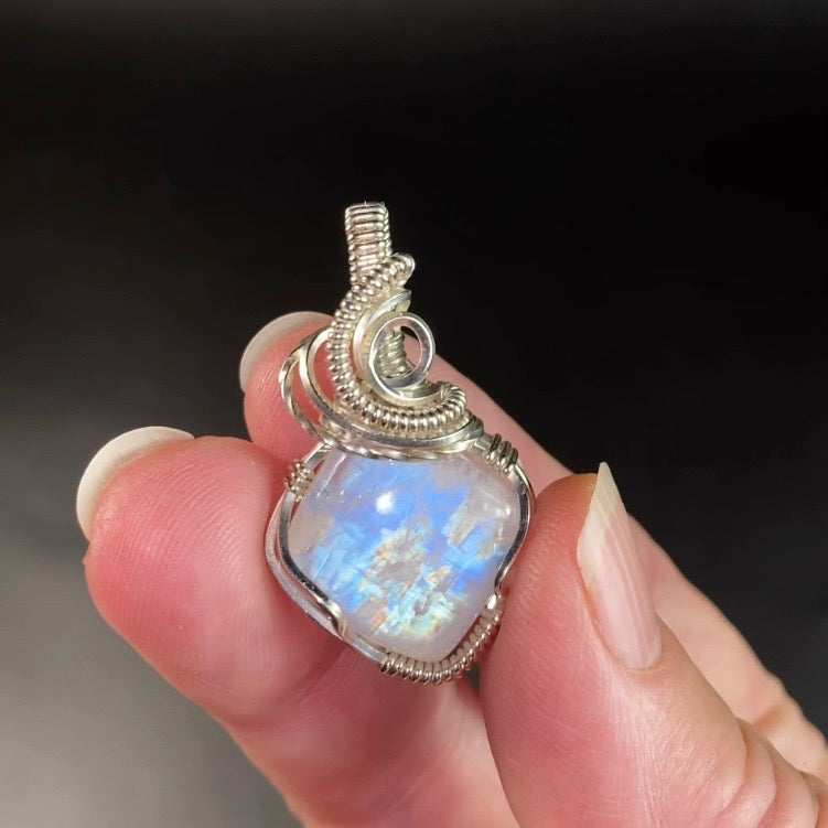 Blue Rainbow Flash Moonstone & Sterling Silver Wire Wrapped Pendant