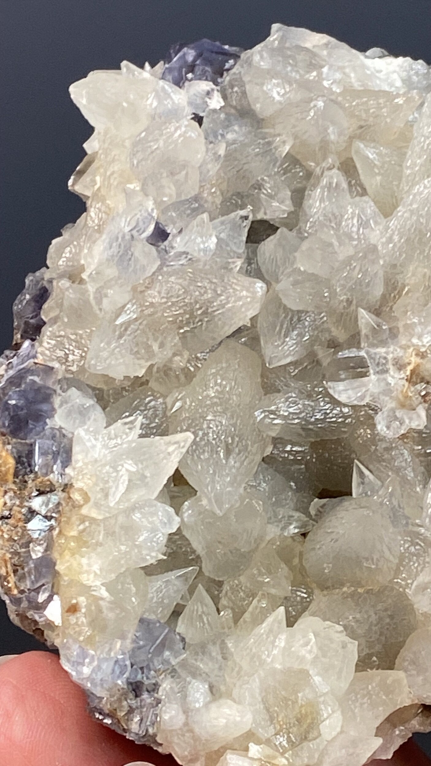 Dog Tooth Calcite Cluster on Blue / Purple Fluorite Matrix - UV Reactive - Fluorescent 365 nm Long Wave