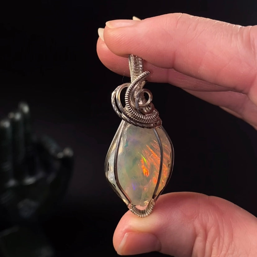 Ethiopian Welo Opal & Sterling Silver Wire Wrapped Pendant