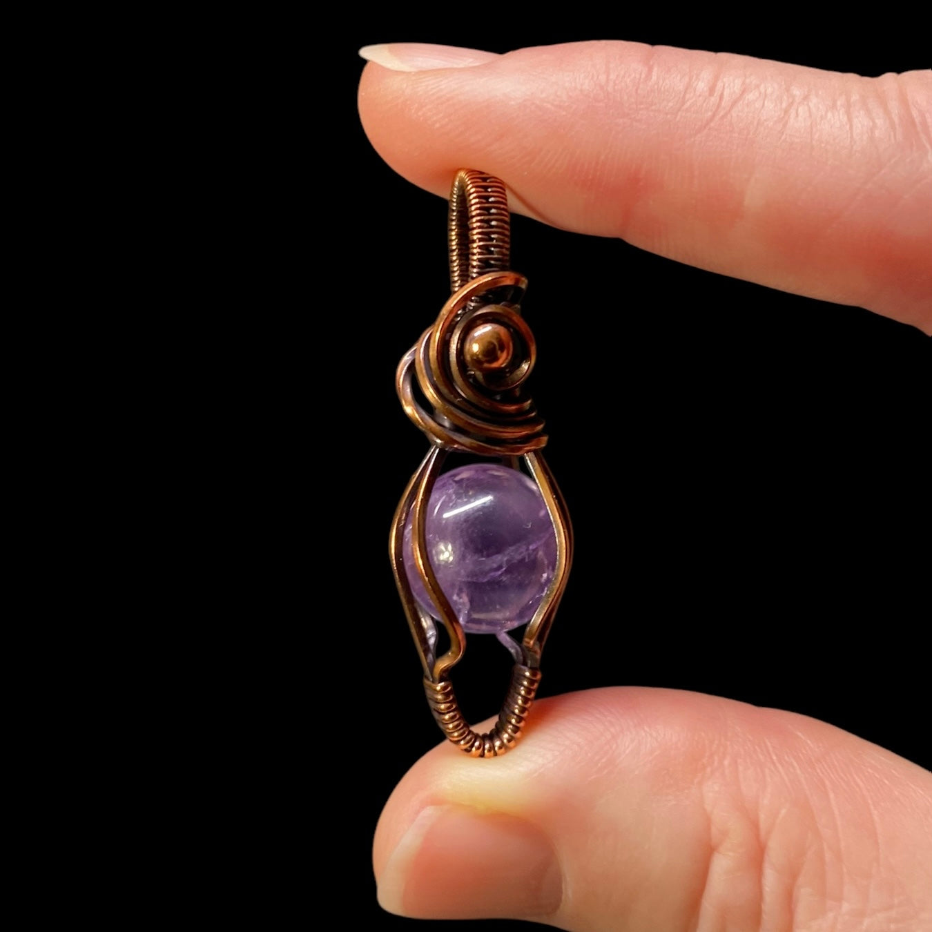 Amethyst Sphere and Copper Wire Wrapped Pendant