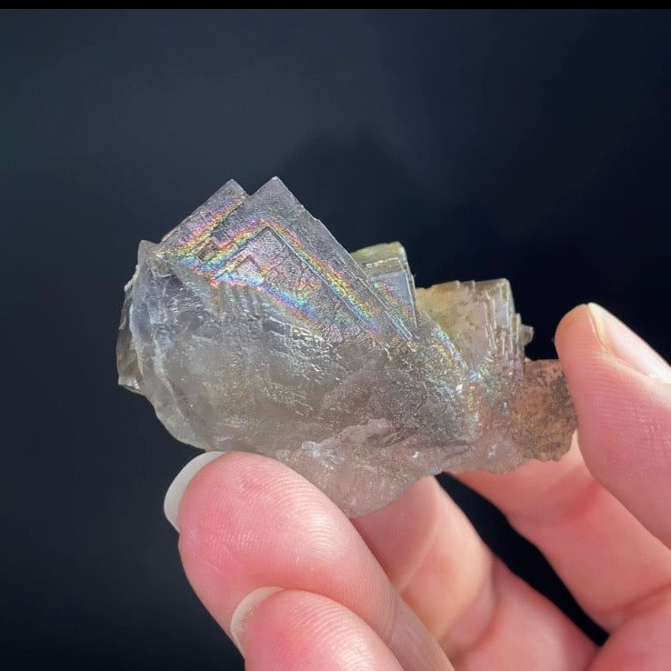 Blue and Gray Cubic Fluorite Cluster with Rainbow Iridescent Iron Oxide Surface