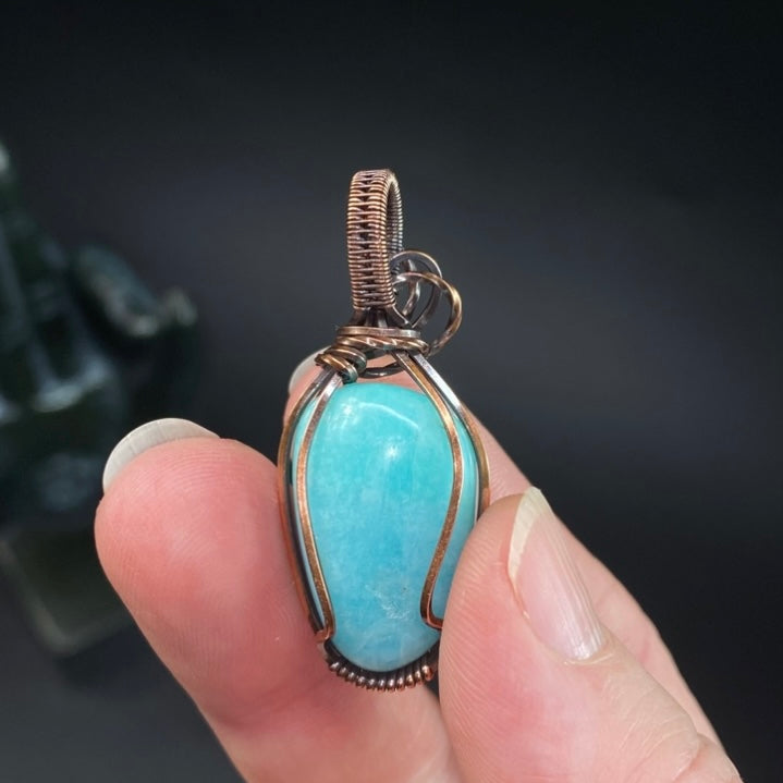 Amazonite Tumbled Stone and Copper Handmade Wire Wrapped Pendant