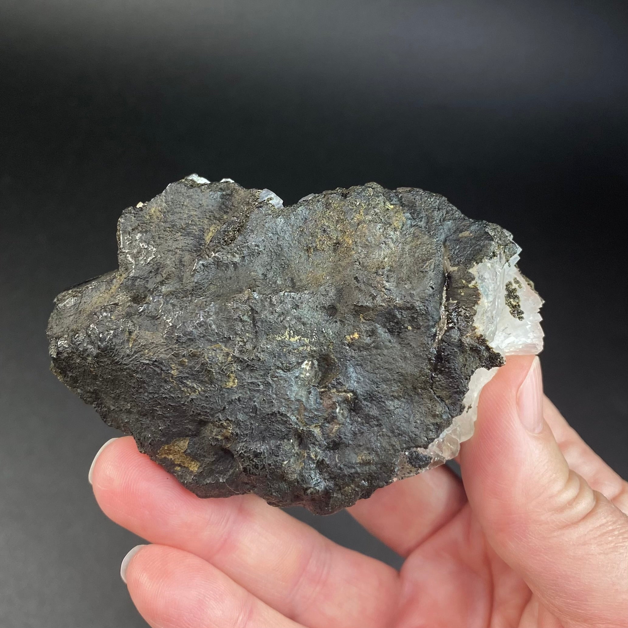 White Clear Heulandite Fan Cluster with Clear Calcite on Basalt Matrix