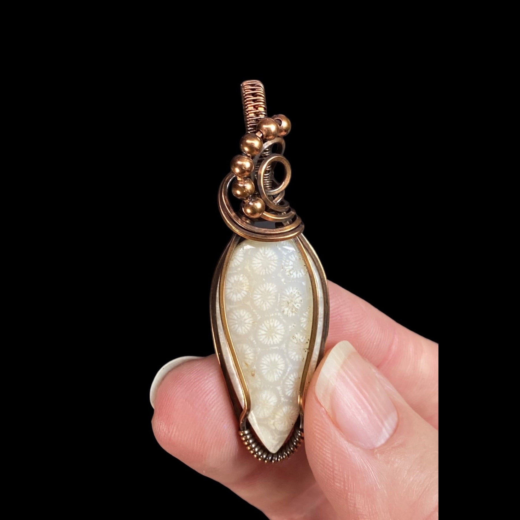 Fossilized Coral Cabochon & Copper Wire Wrapped Pendant