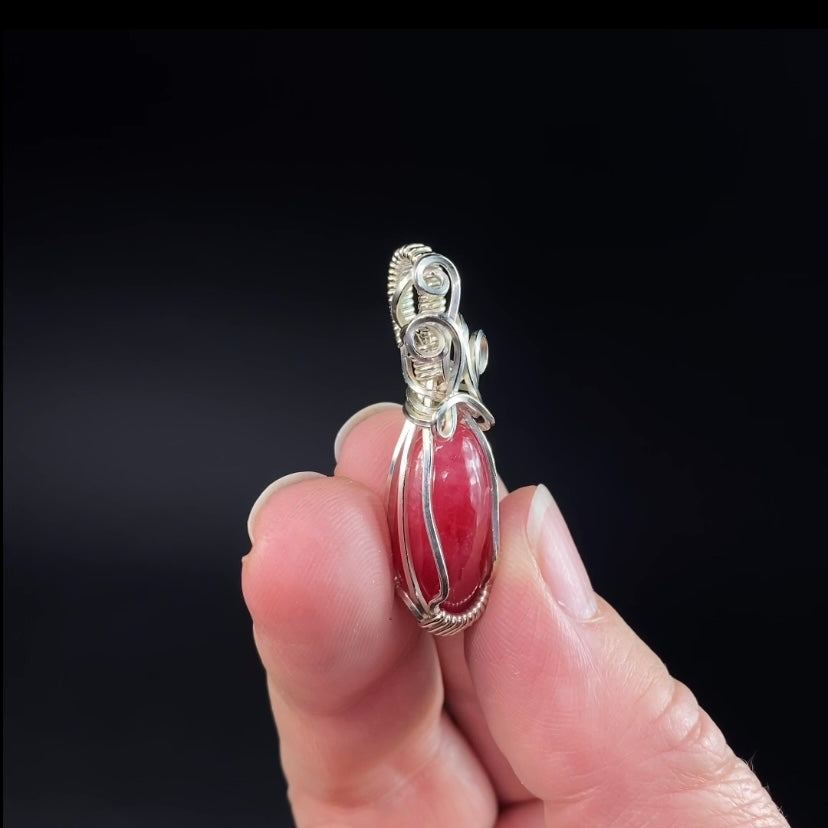 High Grade Polished Rhodonite & Sterling Silver Wire Wrapped Pendant