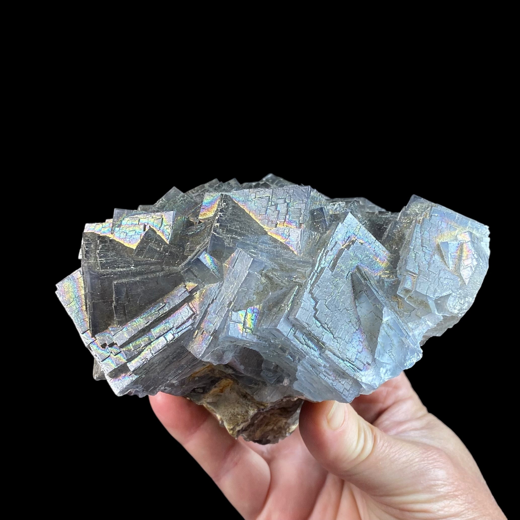 Blue and Purple Cubic Fluorite Cluster with Rainbow Iridescent Iron Oxide Surface