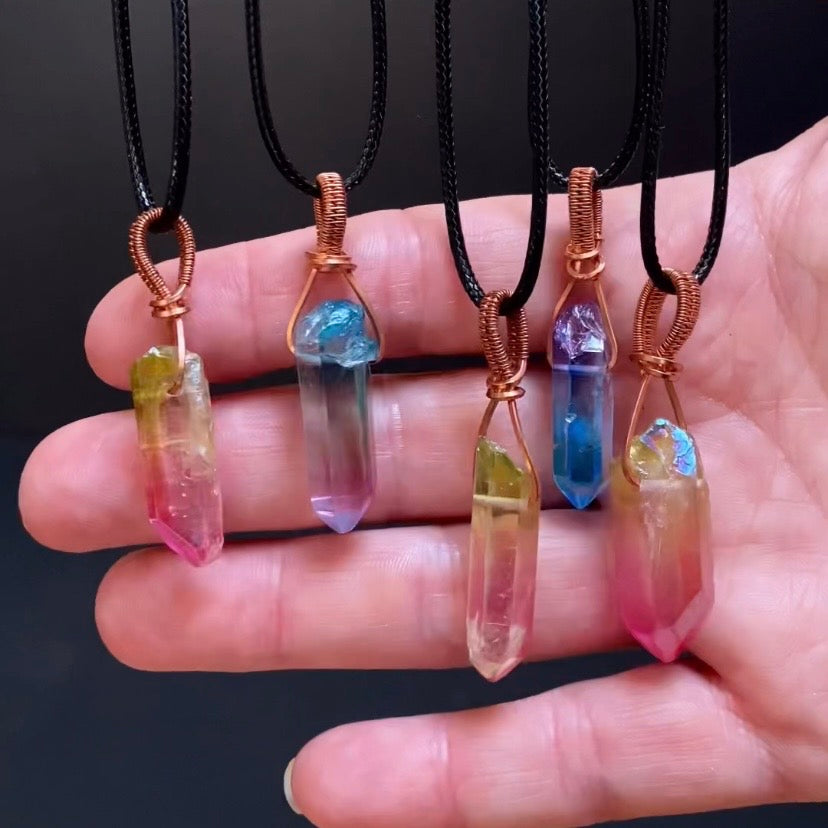 Raw Aura Quartz Crystal & Copper Simple Wire Wrapped Pendant