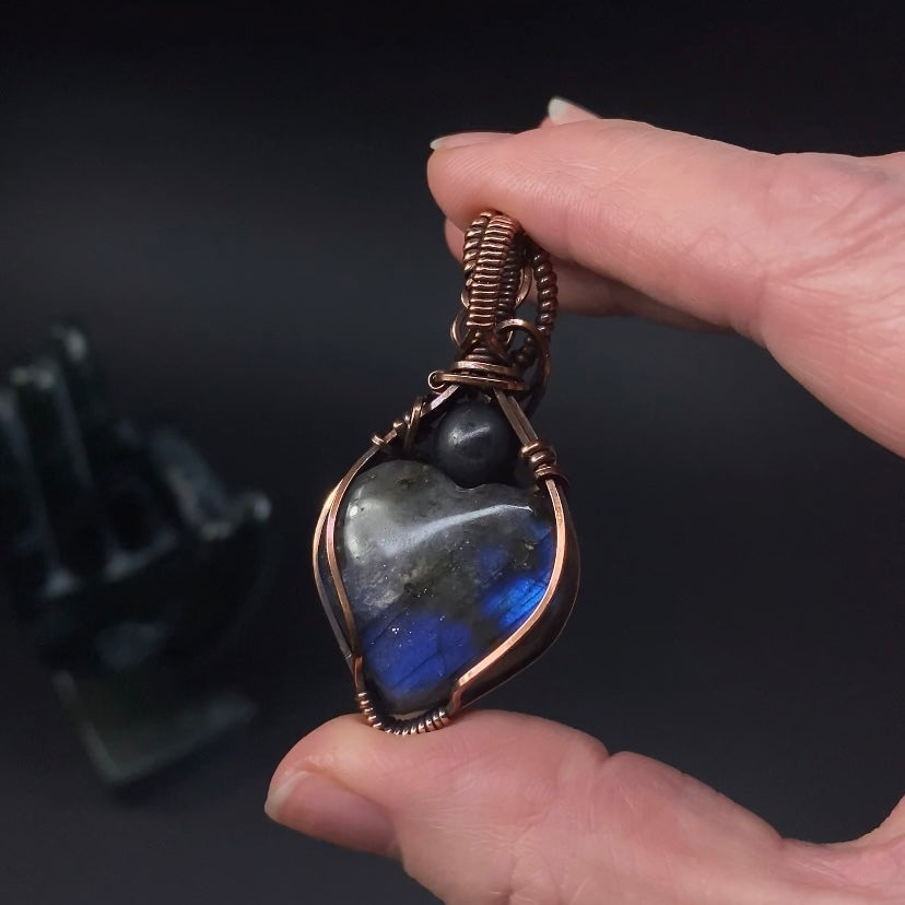 Labradorite Heart and Copper Wire Wrapped Pendant with Shungite Accent Bead