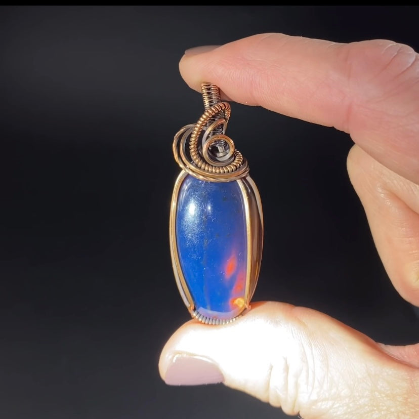Blue Sumatran Amber and Copper Wire Wrapped Pendant