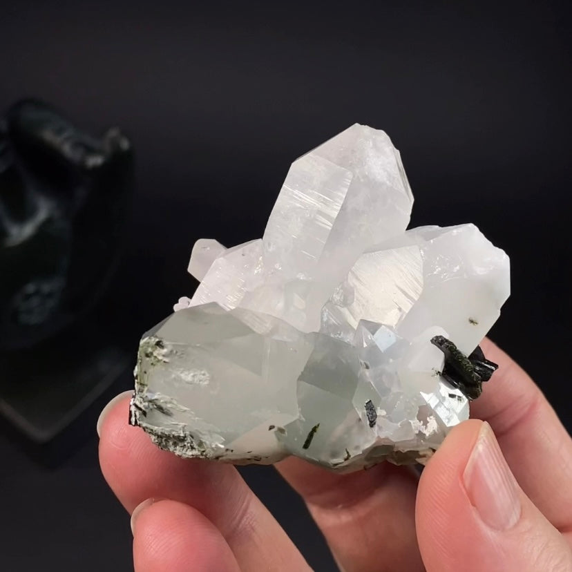 Quartz Crystal Cluster with Byssolite Inclusions & Dark Green Epidote