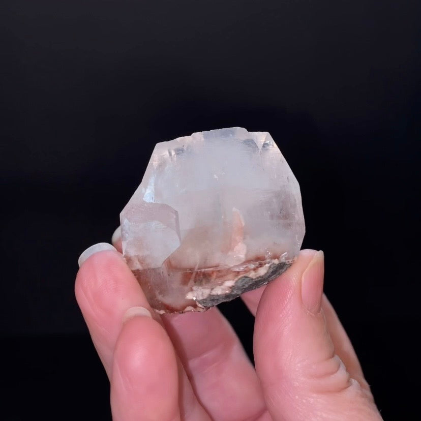 Clear Pseudo Cubic Apophyllite Crystal Cluster with Red Hematite Inclusions