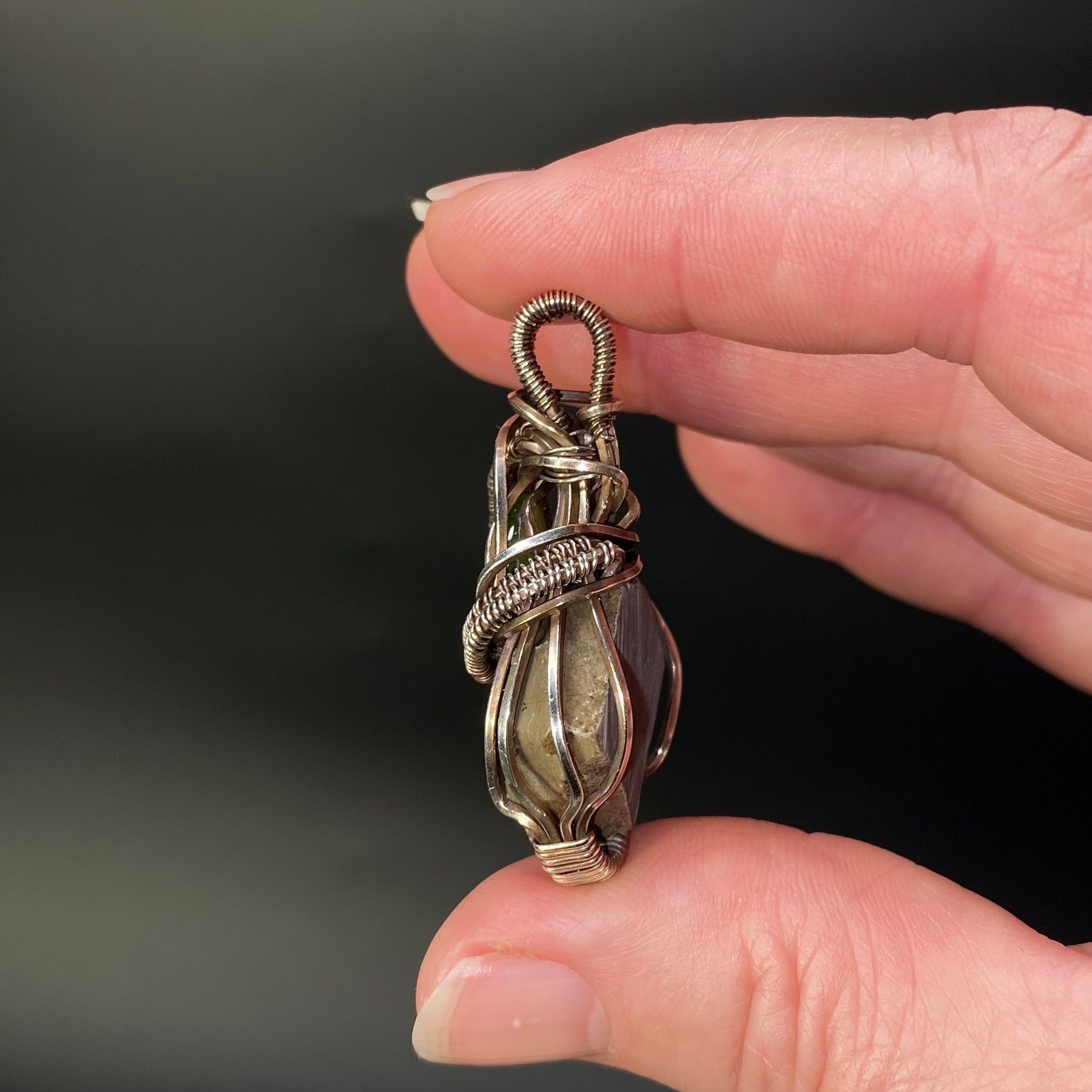 Canadian Ammolite with Nephrite Jade Accent Wire Wrapped Pendant in Sterling Silver Wire