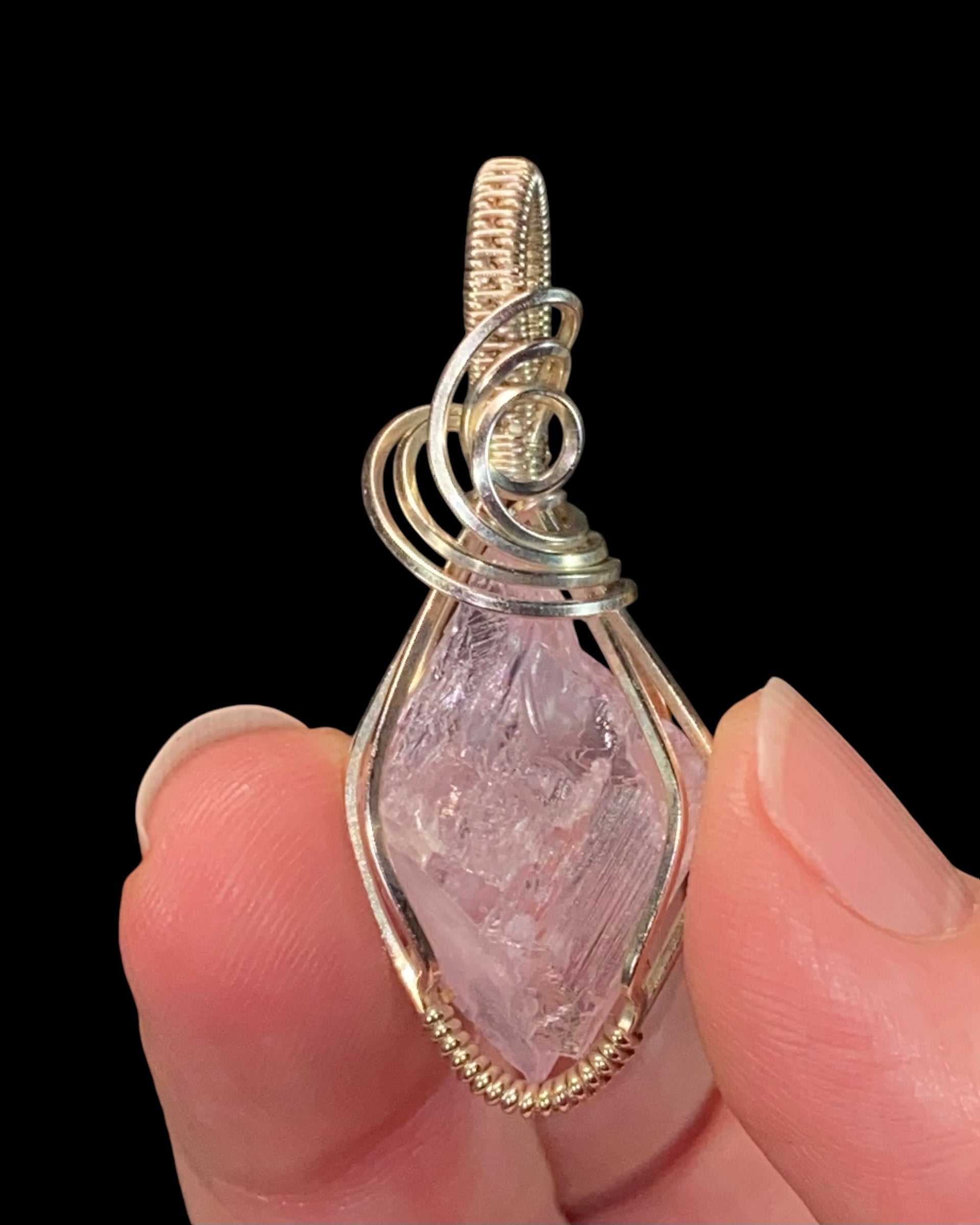 Fluorescent Spodumene Kunzite & Sterling Silver Wire Wrapped Pendant