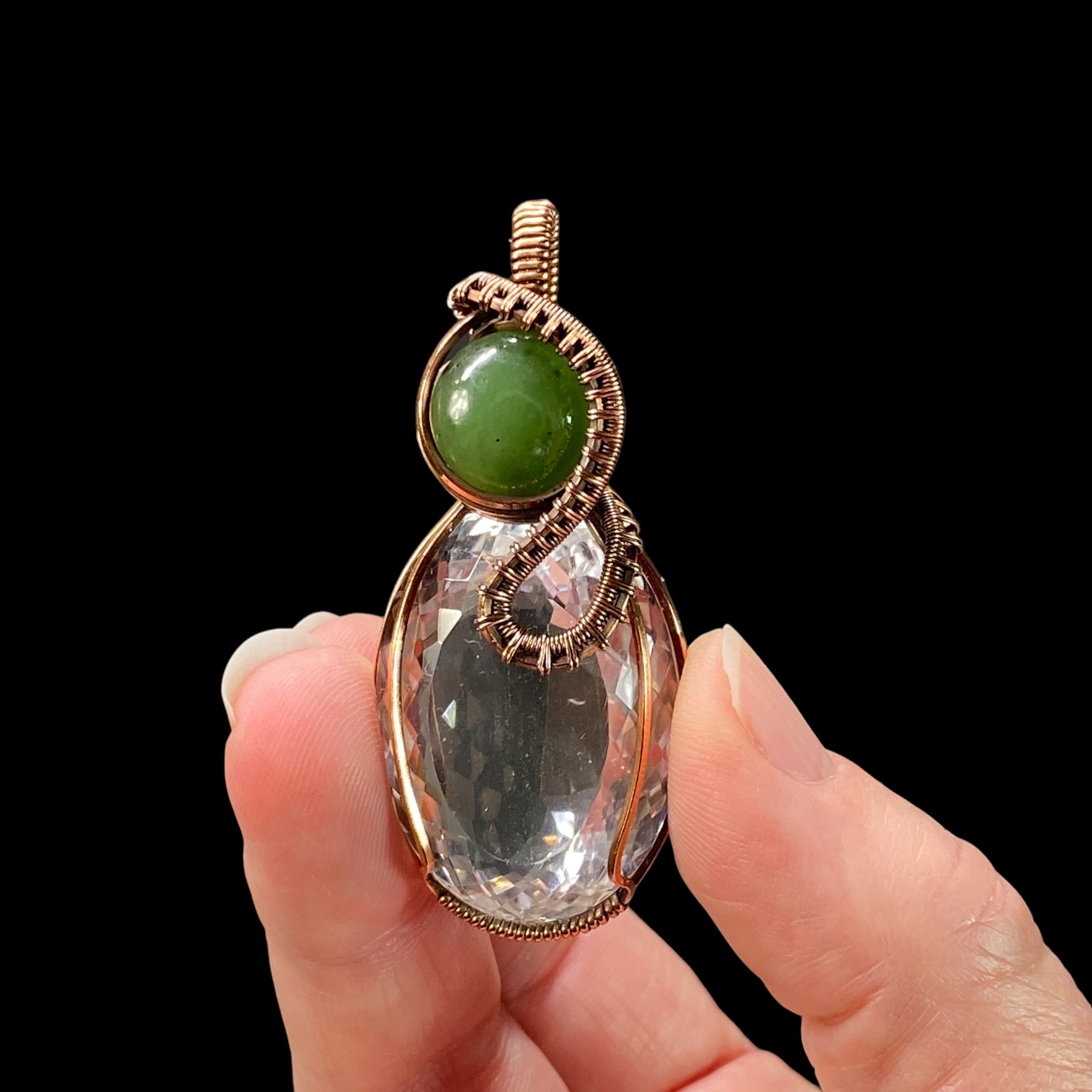 Faceted Clear Quartz & Copper Wire Wrapped Pendant with Nephrite Jade Accent Stone