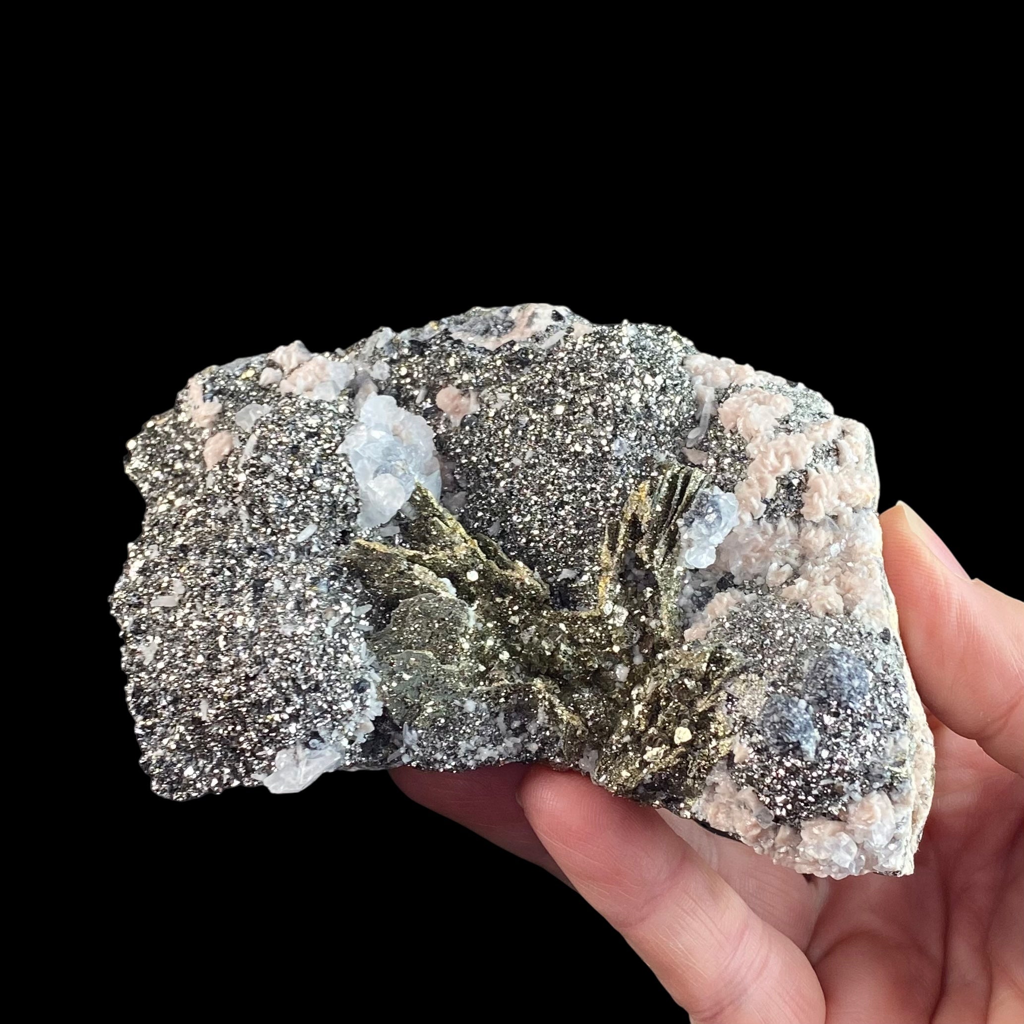 Rhodochrosite Rosettes on Arsenopyrite, with Sphalerite, Pyrite After Pyrrhotite, Milky Quartz Crystals  & Calcite from Trepça Mines, Kosovo