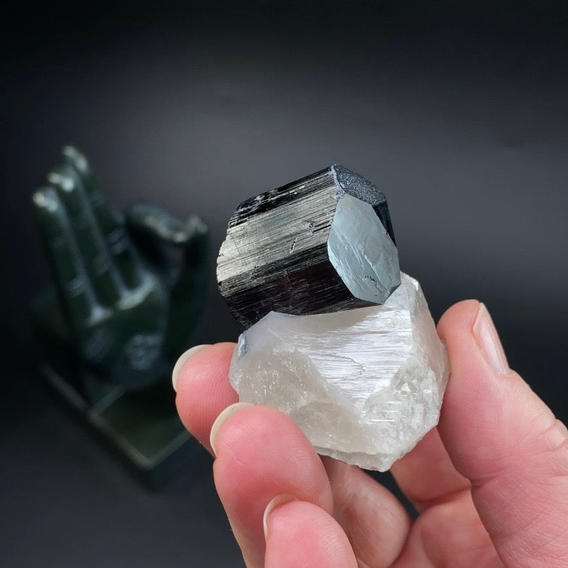 High Grade Black Tourmaline Schorl Crystal with Natural Termination on Smoky Quartz